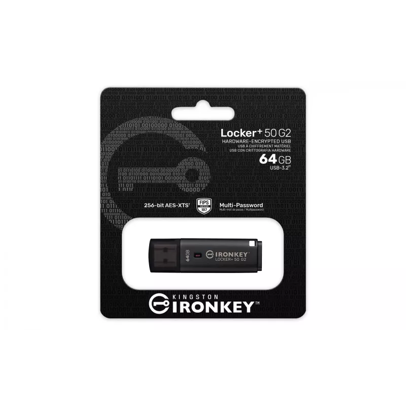 Pamięć USB KINGSTON IronKey Locker Plus 50 G2 64 GB, USB Typ-A, USB 3.2 Gen 1, AES-256, FIPS 197