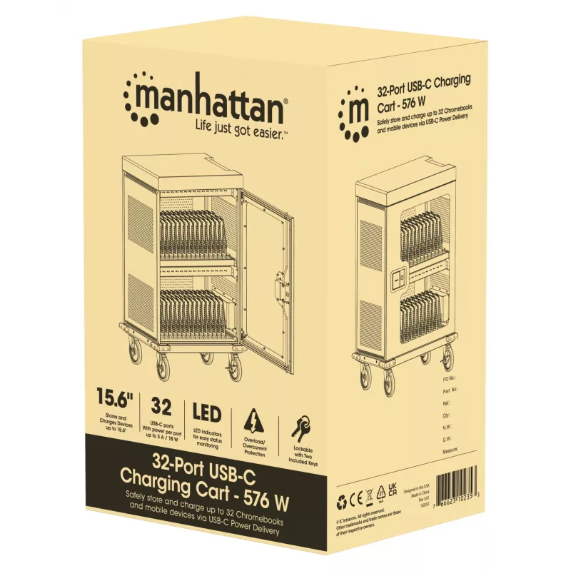 Manhattan Wózek/Stół ładujący z 32 zatokami przez USB-C, dla iPad do 13 cali, MacBook Air do 15 cali i Chromebook 15,6 cali, oraz inne tablety/smartfony (przewodem z urządzenia na USB-C), Zatoki 404x27,6x283 mm, Kable ładujące urządzenia nie są dołączone (sugerowany przewód USB-C 354868), Szafka