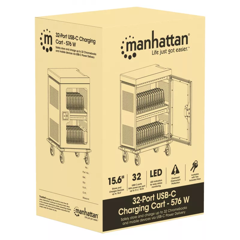 Manhattan Wózek/Stół ładujący z 32 zatokami przez USB-C, dla iPad do 13 cali, MacBook Air do 15 cali i Chromebook 15,6 cali, oraz inne tablety/smartfony (przewodem z urządzenia na USB-C), Zatoki 404x27,6x283 mm, Kable ładujące urządzenia nie są dołączone (sugerowany przewód USB-C 354868), Szafka
