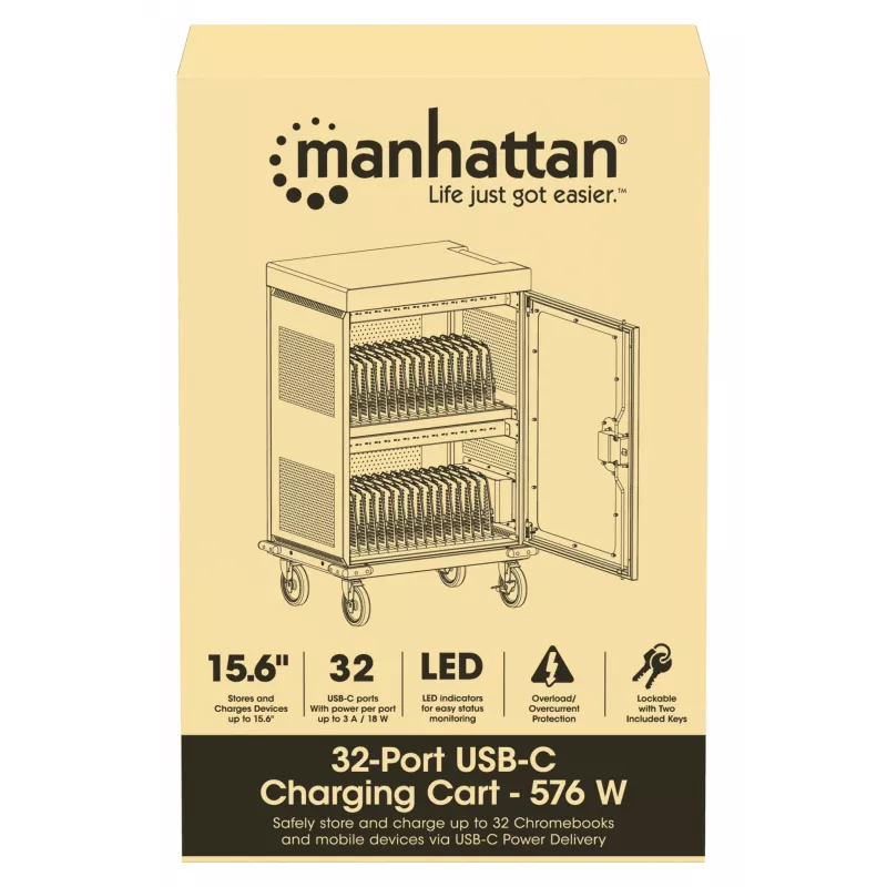 Manhattan Wózek/Stół ładujący z 32 zatokami przez USB-C, dla iPad do 13 cali, MacBook Air do 15 cali i Chromebook 15,6 cali, oraz inne tablety/smartfony (przewodem z urządzenia na USB-C), Zatoki 404x27,6x283 mm, Kable ładujące urządzenia nie są dołączone (sugerowany przewód USB-C 354868), Szafka