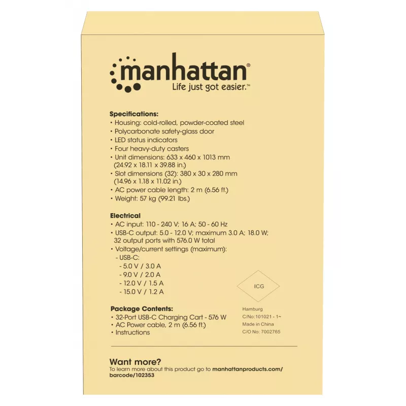 Manhattan Wózek/Stół ładujący z 32 zatokami przez USB-C, dla iPad do 13 cali, MacBook Air do 15 cali i Chromebook 15,6 cali, oraz inne tablety/smartfony (przewodem z urządzenia na USB-C), Zatoki 404x27,6x283 mm, Kable ładujące urządzenia nie są dołączone (sugerowany przewód USB-C 354868), Szafka