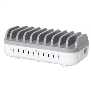 Manhattan 10-portowa stacja ładująca USB-C, Wyjście USB-C: 10x 20 W, Maks. 200 W, Zasilanie sieciowe AC (w zestawie adaptery US/EU/UK)