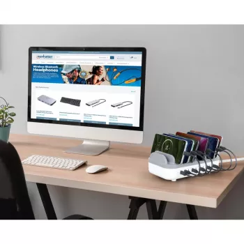 Manhattan 10-portowa stacja ładująca USB-C, Wyjście USB-C: 10x 20 W, Maks. 200 W, Zasilanie sieciowe AC (w zestawie adaptery US/EU/UK)