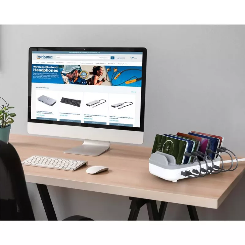 Manhattan 10-portowa stacja ładująca USB-C, Wyjście USB-C: 10x 20 W, Maks. 200 W, Zasilanie sieciowe AC (w zestawie adaptery US/EU/UK)