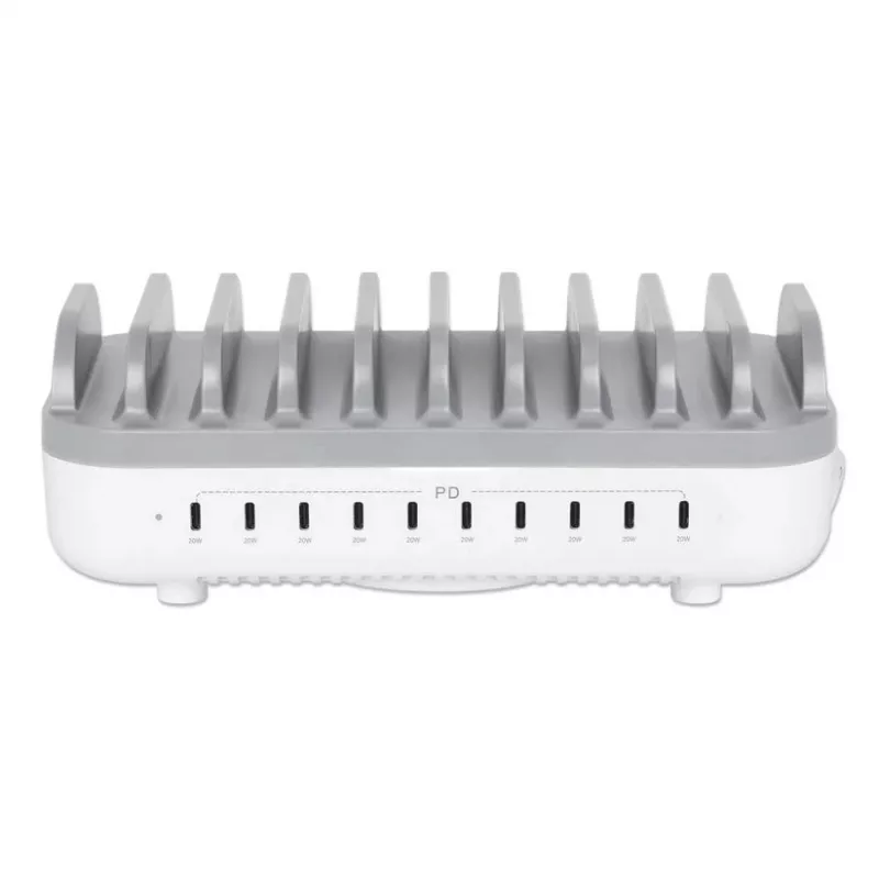 Manhattan 10-portowa stacja ładująca USB-C, Wyjście USB-C: 10x 20 W, Maks. 200 W, Zasilanie sieciowe AC (w zestawie adaptery US/EU/UK)