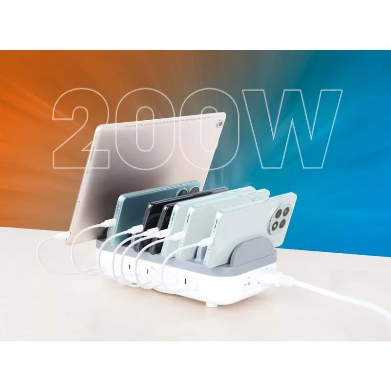 Manhattan 10-portowa stacja ładująca USB-C, Wyjście USB-C: 10x 20 W, Maks. 200 W, Zasilanie sieciowe AC (w zestawie adaptery US/EU/UK)