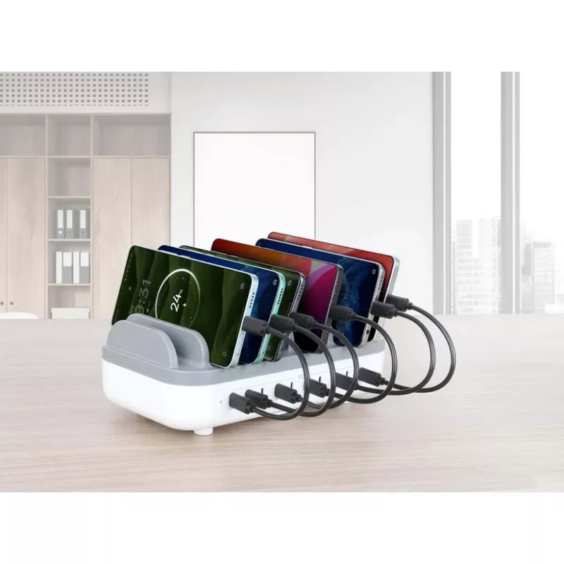 Manhattan 10-portowa stacja ładująca USB-C, Wyjście USB-C: 10x 20 W, Maks. 200 W, Zasilanie sieciowe AC (w zestawie adaptery US/EU/UK)