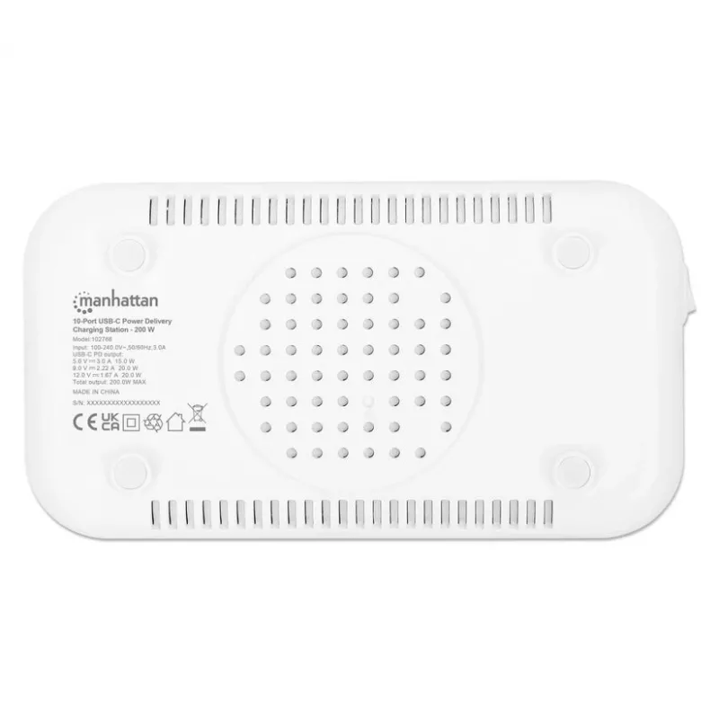 Manhattan 10-portowa stacja ładująca USB-C, Wyjście USB-C: 10x 20 W, Maks. 200 W, Zasilanie sieciowe AC (w zestawie adaptery US/EU/UK)