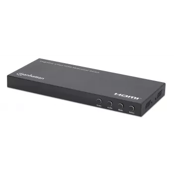 Manhattan 4K 4-Port HDMI Multiviewer Switch, przełącznik z czterema wejściami na jednym wyświetlaczu, 4k@30Hz, wiele opcji widoku w tym obraz w obrazie i ekran podwójny/poczwórny, sterowanie przyciskiem lub pilotem, audio 3,5 mm i Toslink, czarny, 3 lata gwarancji