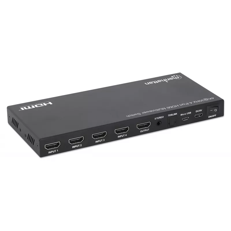 Manhattan 4K 4-Port HDMI Multiviewer Switch, przełącznik z czterema wejściami na jednym wyświetlaczu, 4k@30Hz, wiele opcji widoku w tym obraz w obrazie i ekran podwójny/poczwórny, sterowanie przyciskiem lub pilotem, audio 3,5 mm i Toslink, czarny, 3 lata gwarancji