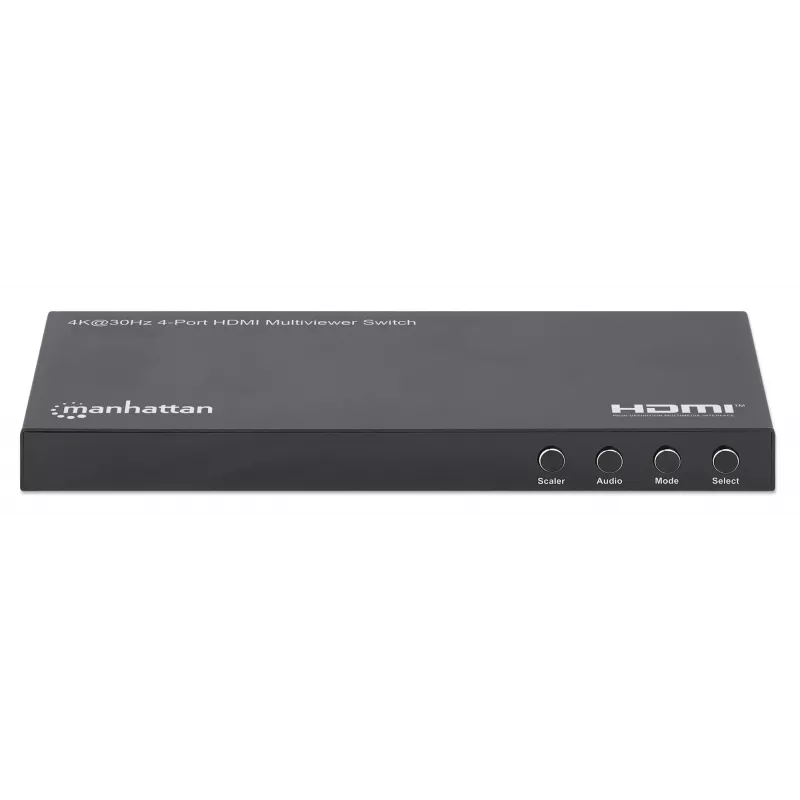 Manhattan 4K 4-Port HDMI Multiviewer Switch, przełącznik z czterema wejściami na jednym wyświetlaczu, 4k@30Hz, wiele opcji widoku w tym obraz w obrazie i ekran podwójny/poczwórny, sterowanie przyciskiem lub pilotem, audio 3,5 mm i Toslink, czarny, 3 lata gwarancji