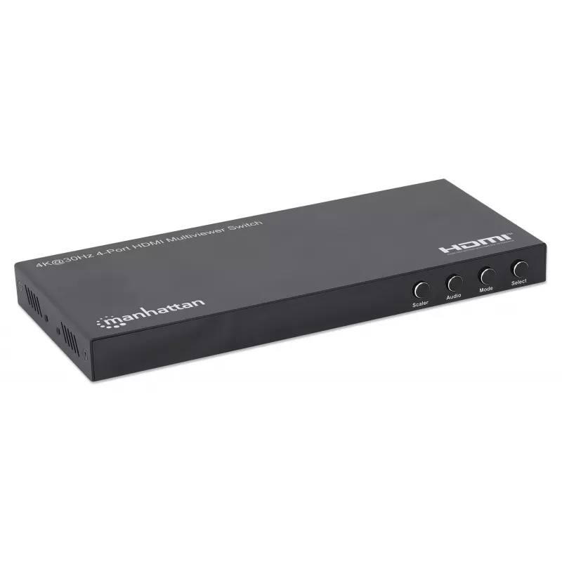 Manhattan 4K 4-Port HDMI Multiviewer Switch, przełącznik z czterema wejściami na jednym wyświetlaczu, 4k@30Hz, wiele opcji widoku w tym obraz w obrazie i ekran podwójny/poczwórny, sterowanie przyciskiem lub pilotem, audio 3,5 mm i Toslink, czarny, 3 lata gwarancji