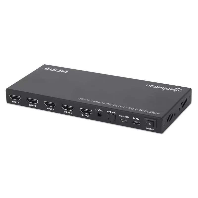 Manhattan 4K 4-Port HDMI Multiviewer Switch, przełącznik z czterema wejściami na jednym wyświetlaczu, 4k@30Hz, wiele opcji widoku w tym obraz w obrazie i ekran podwójny/poczwórny, sterowanie przyciskiem lub pilotem, audio 3,5 mm i Toslink, czarny, 3 lata gwarancji