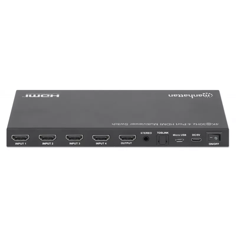 Manhattan 4K 4-Port HDMI Multiviewer Switch, przełącznik z czterema wejściami na jednym wyświetlaczu, 4k@30Hz, wiele opcji widoku w tym obraz w obrazie i ekran podwójny/poczwórny, sterowanie przyciskiem lub pilotem, audio 3,5 mm i Toslink, czarny, 3 lata gwarancji