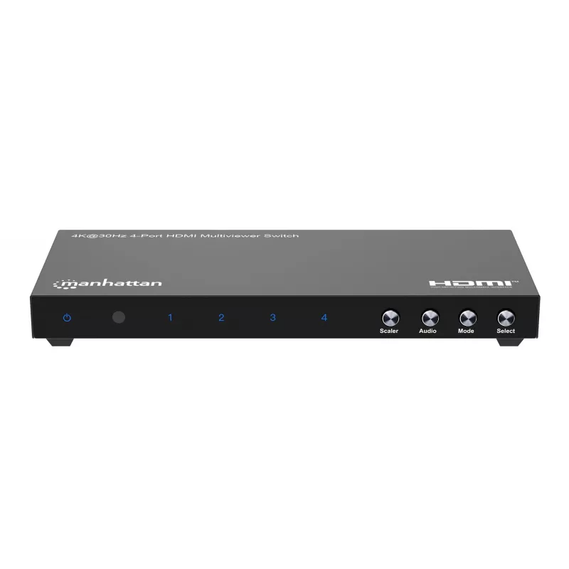 Manhattan 4K 4-Port HDMI Multiviewer Switch, przełącznik z czterema wejściami na jednym wyświetlaczu, 4k@30Hz, wiele opcji widoku w tym obraz w obrazie i ekran podwójny/poczwórny, sterowanie przyciskiem lub pilotem, audio 3,5 mm i Toslink, czarny, 3 lata gwarancji