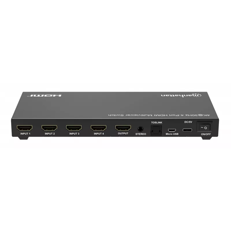 Manhattan 4K 4-Port HDMI Multiviewer Switch, przełącznik z czterema wejściami na jednym wyświetlaczu, 4k@30Hz, wiele opcji widoku w tym obraz w obrazie i ekran podwójny/poczwórny, sterowanie przyciskiem lub pilotem, audio 3,5 mm i Toslink, czarny, 3 lata gwarancji