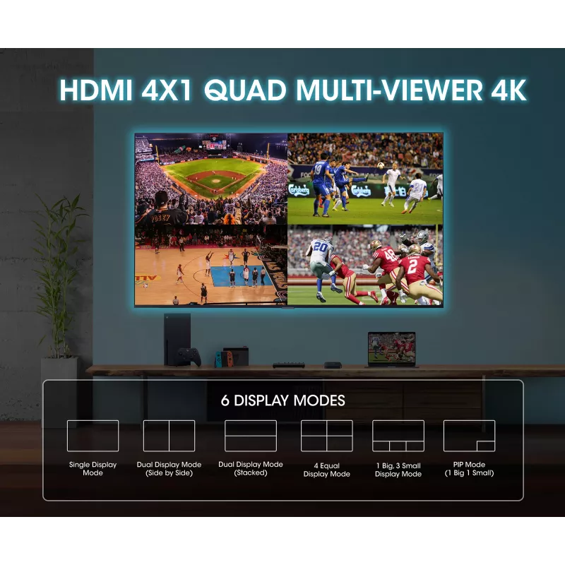 Manhattan 4K 4-Port HDMI Multiviewer Switch, przełącznik z czterema wejściami na jednym wyświetlaczu, 4k@30Hz, wiele opcji widoku w tym obraz w obrazie i ekran podwójny/poczwórny, sterowanie przyciskiem lub pilotem, audio 3,5 mm i Toslink, czarny, 3 lata gwarancji