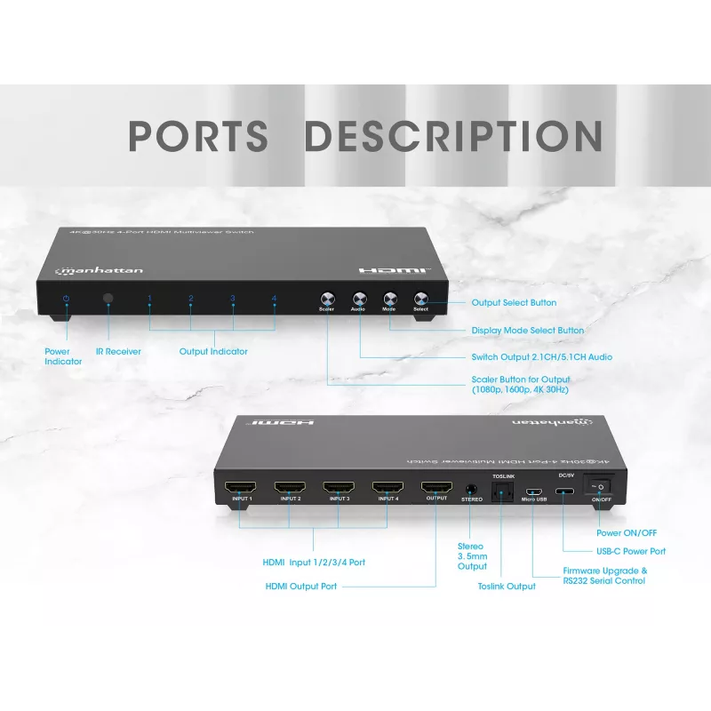 Manhattan 4K 4-Port HDMI Multiviewer Switch, przełącznik z czterema wejściami na jednym wyświetlaczu, 4k@30Hz, wiele opcji widoku w tym obraz w obrazie i ekran podwójny/poczwórny, sterowanie przyciskiem lub pilotem, audio 3,5 mm i Toslink, czarny, 3 lata gwarancji