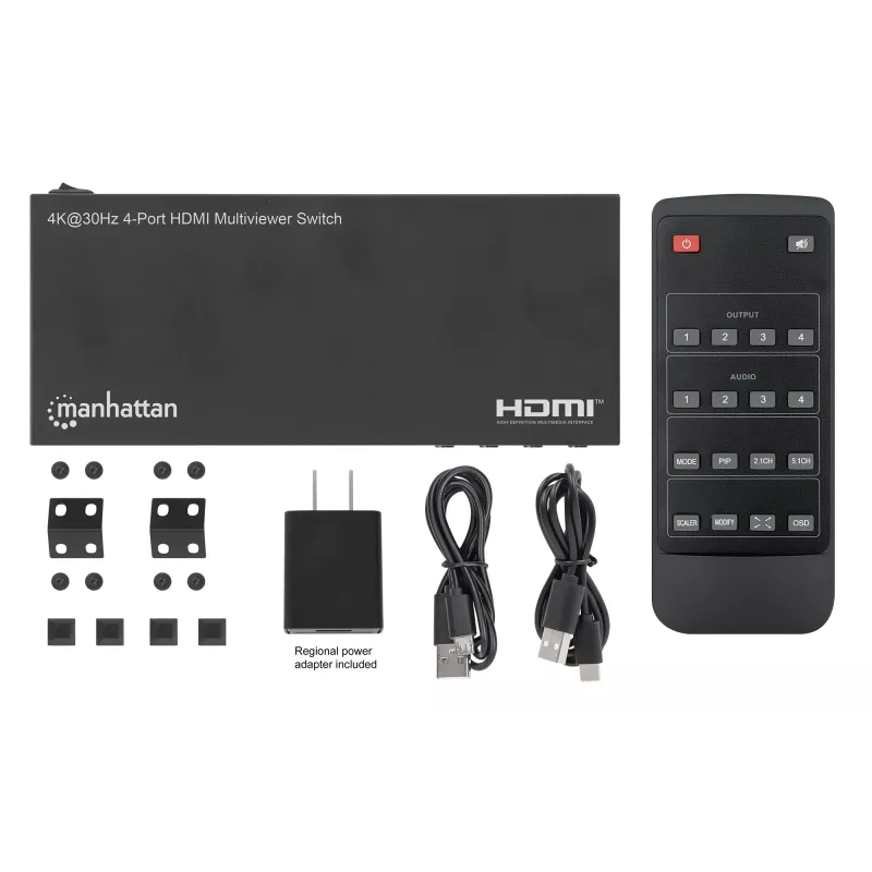 Manhattan 4K 4-Port HDMI Multiviewer Switch, przełącznik z czterema wejściami na jednym wyświetlaczu, 4k@30Hz, wiele opcji widoku w tym obraz w obrazie i ekran podwójny/poczwórny, sterowanie przyciskiem lub pilotem, audio 3,5 mm i Toslink, czarny, 3 lata gwarancji
