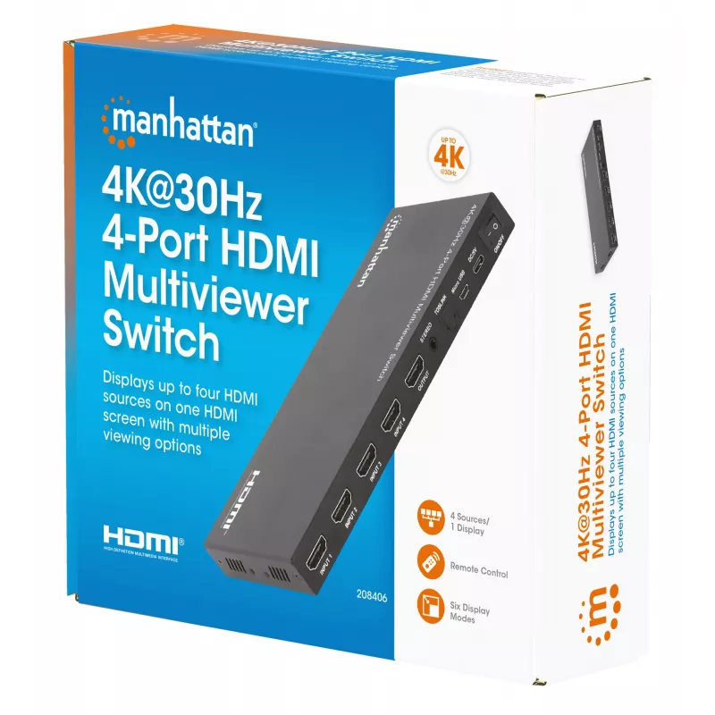 Manhattan 4K 4-Port HDMI Multiviewer Switch, przełącznik z czterema wejściami na jednym wyświetlaczu, 4k@30Hz, wiele opcji widoku w tym obraz w obrazie i ekran podwójny/poczwórny, sterowanie przyciskiem lub pilotem, audio 3,5 mm i Toslink, czarny, 3 lata gwarancji