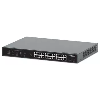 Intellinet 24-portowy gigabitowy przełącznik Ethernet PoE+ z 2 portami SFP, zgodny z IEEE 802.3at/af (PoE+/PoE), budżet mocy PoE 370 W, dwa otwarte sloty 1G SFP, do montażu w szafie rack 19 cali