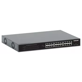 Intellinet 24-portowy gigabitowy przełącznik Ethernet PoE+ z 2 portami SFP, zgodny z IEEE 802.3at/af (PoE+/PoE), budżet mocy PoE 370 W, dwa otwarte sloty 1G SFP, do montażu w szafie rack 19 cali