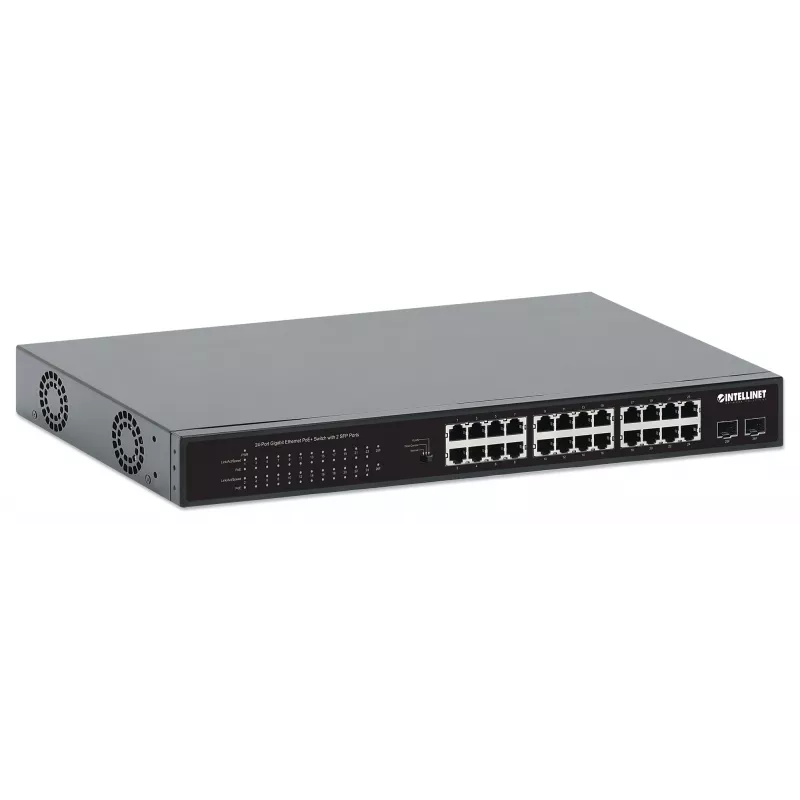 Intellinet 24-portowy gigabitowy przełącznik Ethernet PoE+ z 2 portami SFP, zgodny z IEEE 802.3at/af (PoE+/PoE), budżet mocy PoE 370 W, dwa otwarte sloty 1G SFP, do montażu w szafie rack 19 cali