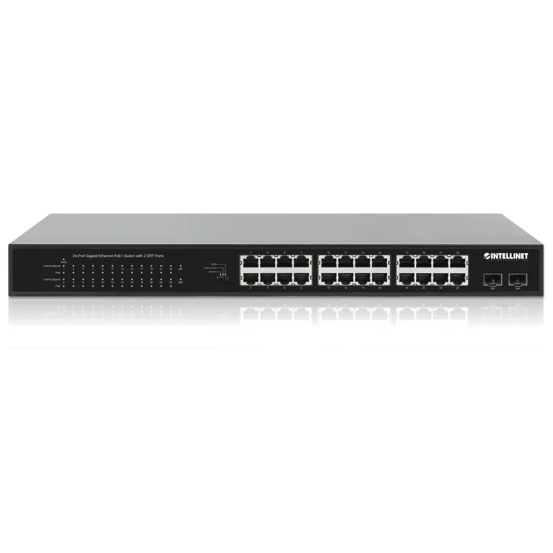 Intellinet 24-portowy gigabitowy przełącznik Ethernet PoE+ z 2 portami SFP, zgodny z IEEE 802.3at/af (PoE+/PoE), budżet mocy PoE 370 W, dwa otwarte sloty 1G SFP, do montażu w szafie rack 19 cali