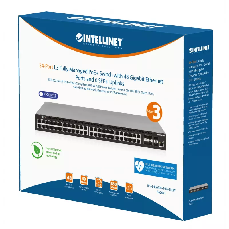 Intellinet 54-portowy przełącznik L3 w pełni zarządzalny PoE+ z 48 portami Gigabit Ethernet i 6 uplinkami SFP+