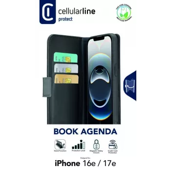 Cellularline Book Agenda - iPhone 16e/17e Etui książkowe ze skóry ekologicznej z zamknięciem magnetycznym