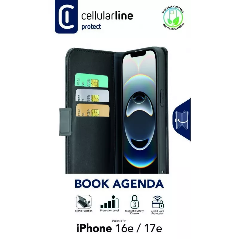 Cellularline Book Agenda - iPhone 16e/17e Etui książkowe ze skóry ekologicznej z zamknięciem magnetycznym