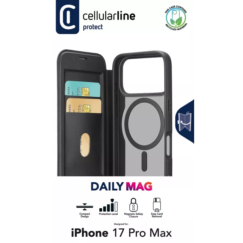 Cellularline Daily Mag - iPhone 17 Pro Max Book cover z półprzezroczystą twardą tylną obudową kompatybilną z ekosystemem Magsafe®