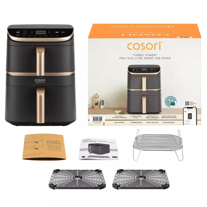 Cosori Turbo Tower Pro Smart Pojedynczy 10,8 L Wolnostojący 2630 W Frytkownica powietrzna Czarny, Złoty