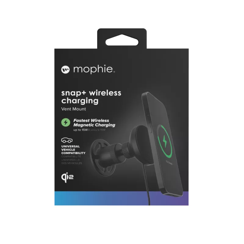 mophie Snap+ bezprzewodowa ładowarka do kratki wentylacyjnej Smartfon Czarny Gniazdo zapalniczki Szybkie ładowanie Samochodowa