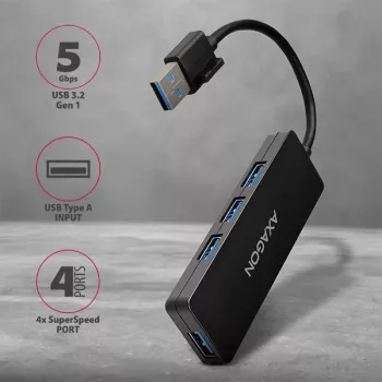 Axagon SuperSpeed USB cienki hub, USB 3.2 Gen 1 (3.1 Gen 1) Type-A, 4 porty, 5000 Mbit/s, czarny, tworzywo sztuczne, kabel 0,14 m