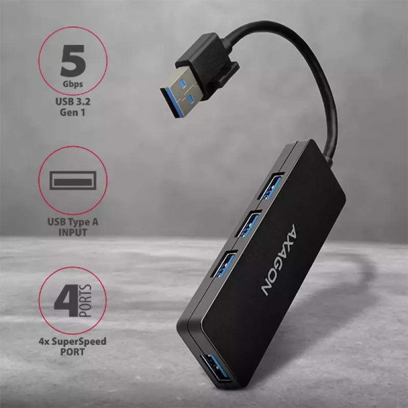 Axagon SuperSpeed USB cienki hub, USB 3.2 Gen 1 (3.1 Gen 1) Type-A, 4 porty, 5000 Mbit/s, czarny, tworzywo sztuczne, kabel 0,14 m