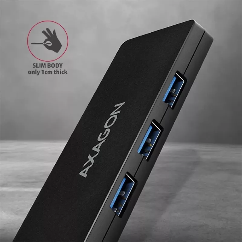 Axagon SuperSpeed USB cienki hub, USB 3.2 Gen 1 (3.1 Gen 1) Type-A, 4 porty, 5000 Mbit/s, czarny, tworzywo sztuczne, kabel 0,14 m