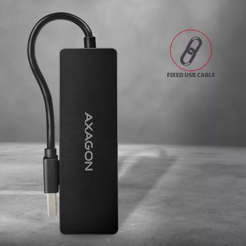 Axagon SuperSpeed USB cienki hub, USB 3.2 Gen 1 (3.1 Gen 1) Type-A, 4 porty, 5000 Mbit/s, czarny, tworzywo sztuczne, kabel 0,14 m