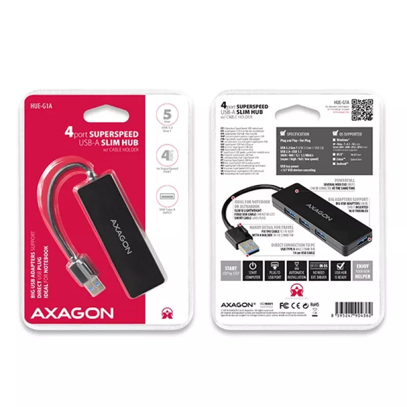 Axagon SuperSpeed USB cienki hub, USB 3.2 Gen 1 (3.1 Gen 1) Type-A, 4 porty, 5000 Mbit/s, czarny, tworzywo sztuczne, kabel 0,14 m
