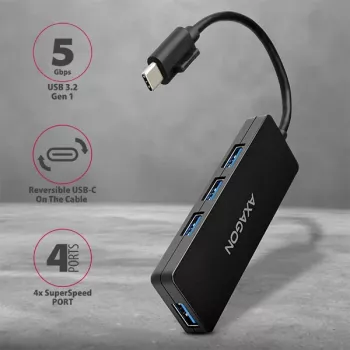 Axagon SuperSpeed USB-C cienki hub, USB 3.2 Gen 1 (3.1 Gen 1) Type-C, USB 3.2 Gen 1 (3.1 Gen 1) Type-A, 5000 Mbit/s, Czarny, Plastik, 0,14 m