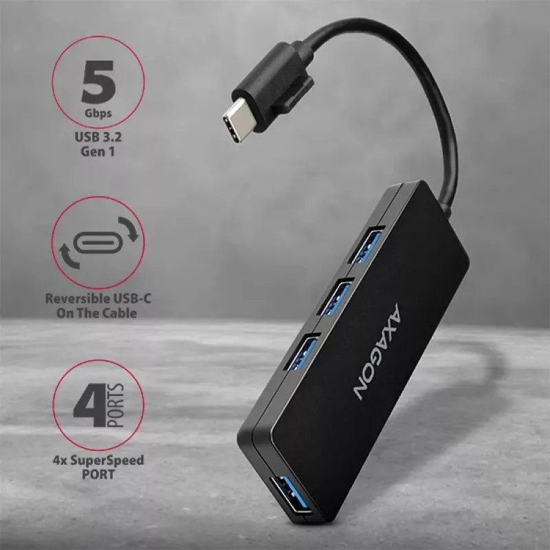 Axagon SuperSpeed USB-C cienki hub, USB 3.2 Gen 1 (3.1 Gen 1) Type-C, USB 3.2 Gen 1 (3.1 Gen 1) Type-A, 5000 Mbit/s, Czarny, Plastik, 0,14 m