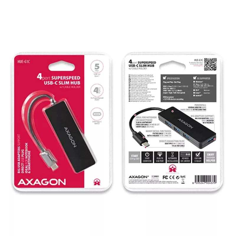 Axagon SuperSpeed USB-C cienki hub, USB 3.2 Gen 1 (3.1 Gen 1) Type-C, USB 3.2 Gen 1 (3.1 Gen 1) Type-A, 5000 Mbit/s, Czarny, Plastik, 0,14 m