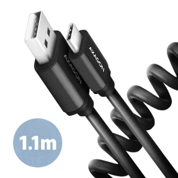 Axagon Kabel USB 2.0 do transmisji danych i ładowania, długość 1,1 m, 3 A, czarny, skręcany. USB A – USB C