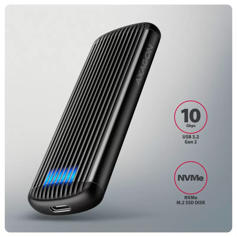 AXAGON EEM2-SC zewnętrzna obudowa USB-C 10Gbps beznarzędziowa metalowa na dysk M.2 NVMe SSD, pojedyncza zatoka, szara