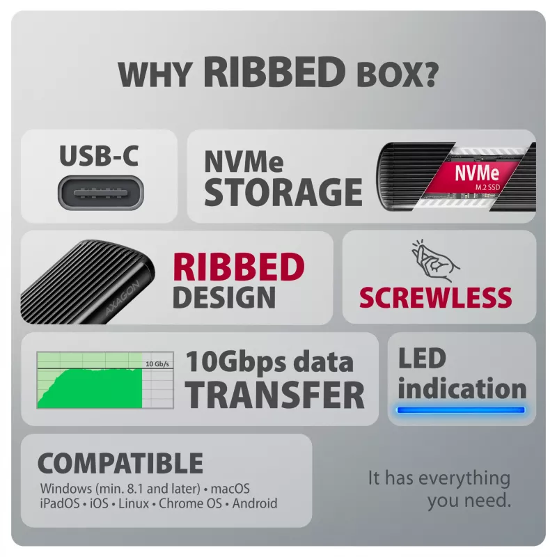 AXAGON EEM2-SC zewnętrzna obudowa USB-C 10Gbps beznarzędziowa metalowa na dysk M.2 NVMe SSD, pojedyncza zatoka, szara