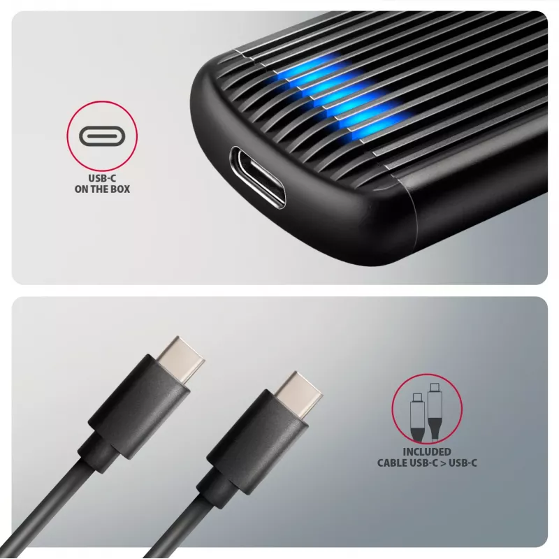 AXAGON EEM2-SC zewnętrzna obudowa USB-C 10Gbps beznarzędziowa metalowa na dysk M.2 NVMe SSD, pojedyncza zatoka, szara
