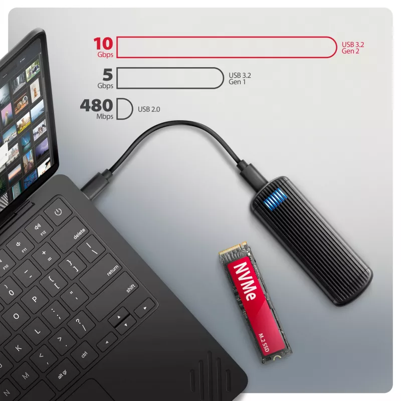 AXAGON EEM2-SC zewnętrzna obudowa USB-C 10Gbps beznarzędziowa metalowa na dysk M.2 NVMe SSD, pojedyncza zatoka, szara