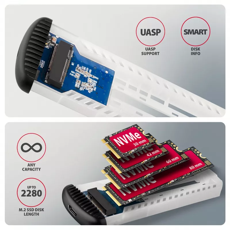 AXAGON EEM2-SC zewnętrzna obudowa USB-C 10Gbps beznarzędziowa metalowa na dysk M.2 NVMe SSD, pojedyncza zatoka, szara