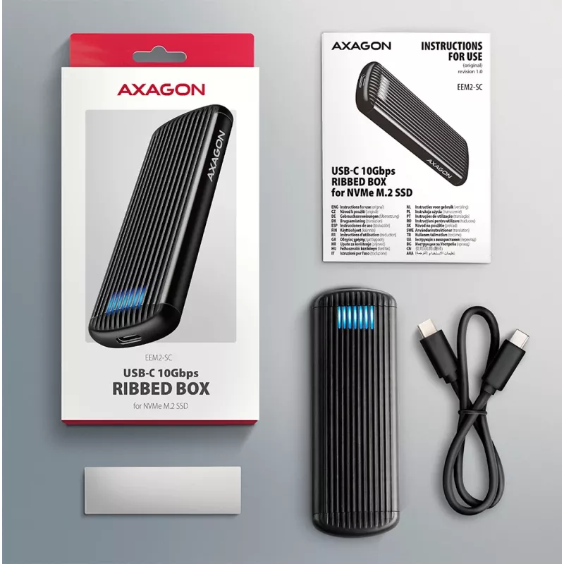 AXAGON EEM2-SC zewnętrzna obudowa USB-C 10Gbps beznarzędziowa metalowa na dysk M.2 NVMe SSD, pojedyncza zatoka, szara