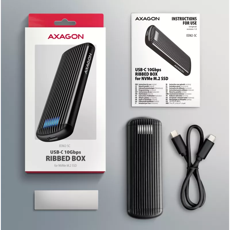 AXAGON EEM2-SC zewnętrzna obudowa USB-C 10Gbps beznarzędziowa metalowa na dysk M.2 NVMe SSD, pojedyncza zatoka, szara
